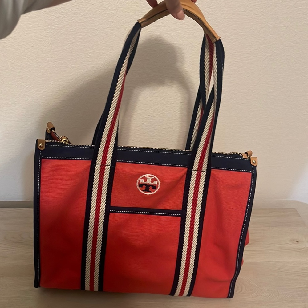 Tory Burch Red and Navy Canvas Zippered Tote Bag